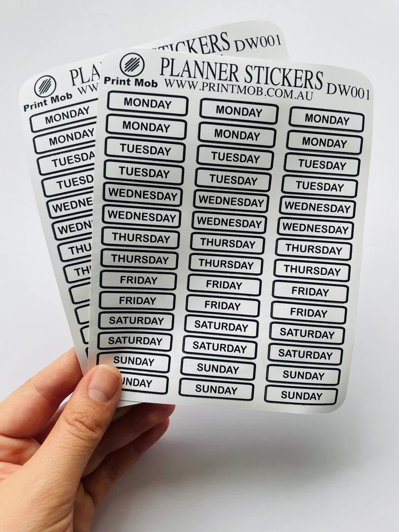 Planner Stickers: Days of the Week, Scrapbook Stickers (2 Sheets)